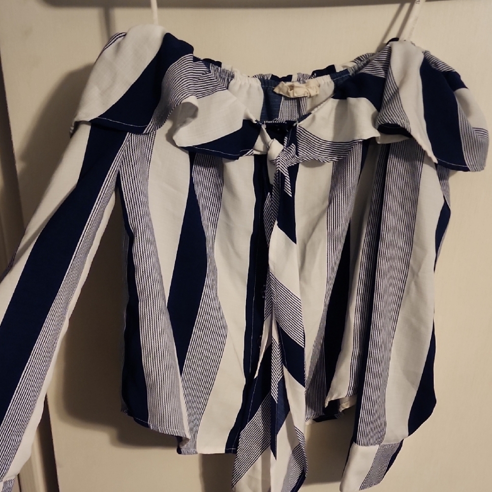 Sweet Wanderer Striped Off-Shoulder Blouse in Navy and White